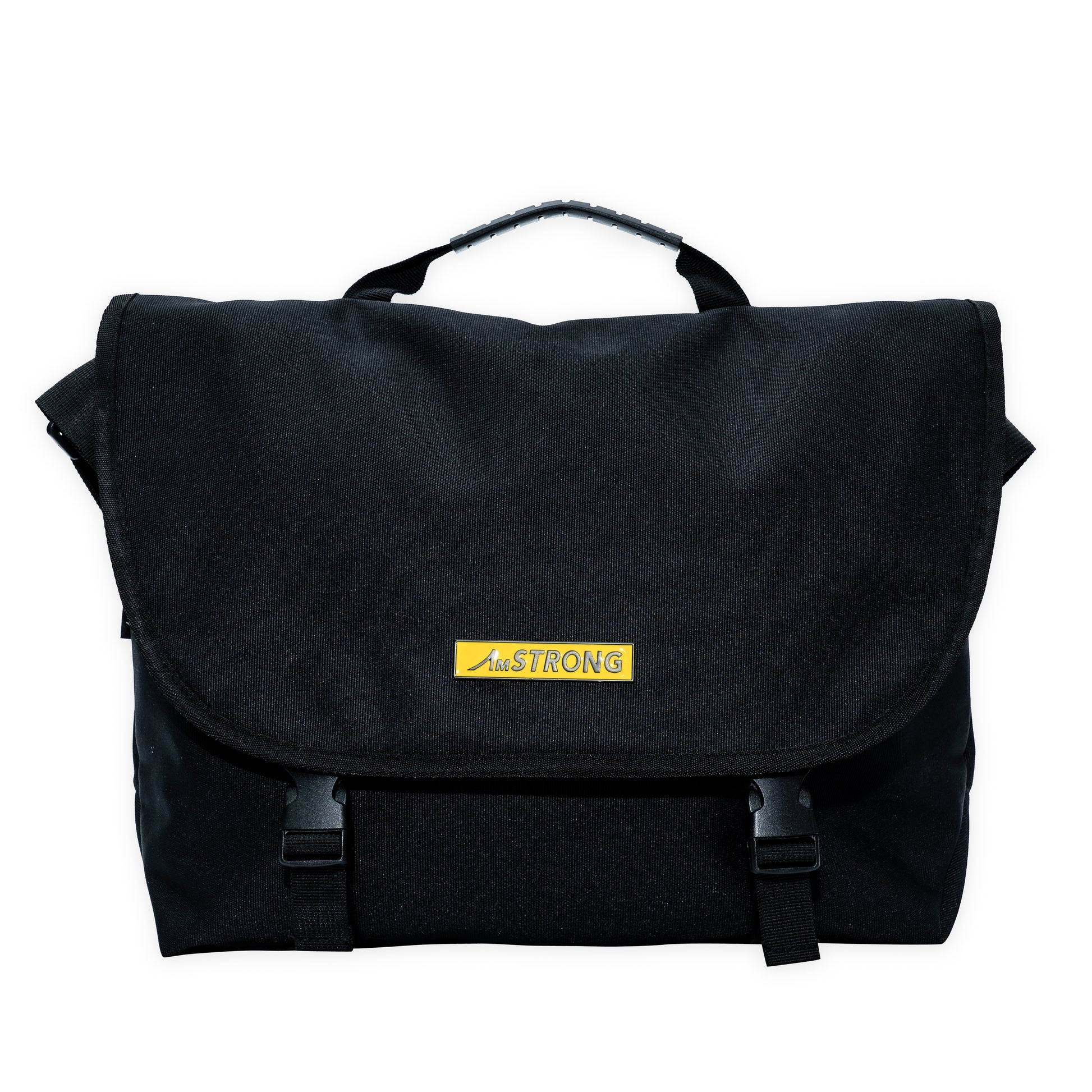 AmSTRONG black crossbody bag with a yellow metallic label