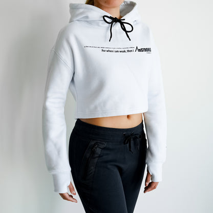 woman wear white cropped hoodie with black statement print