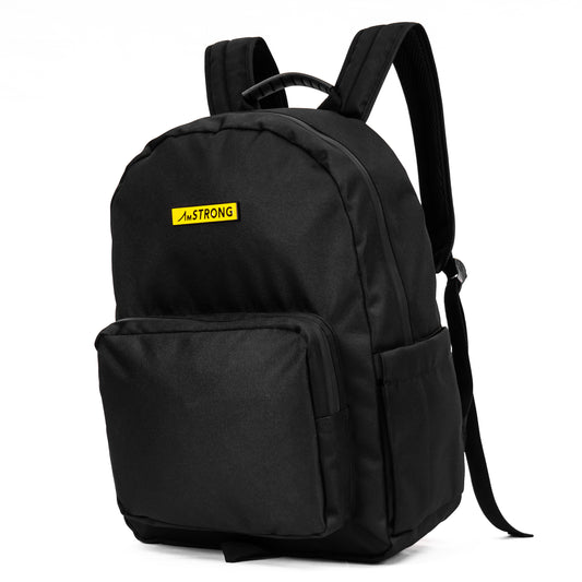 AmSTRONG black backpack with a yellow metallic label