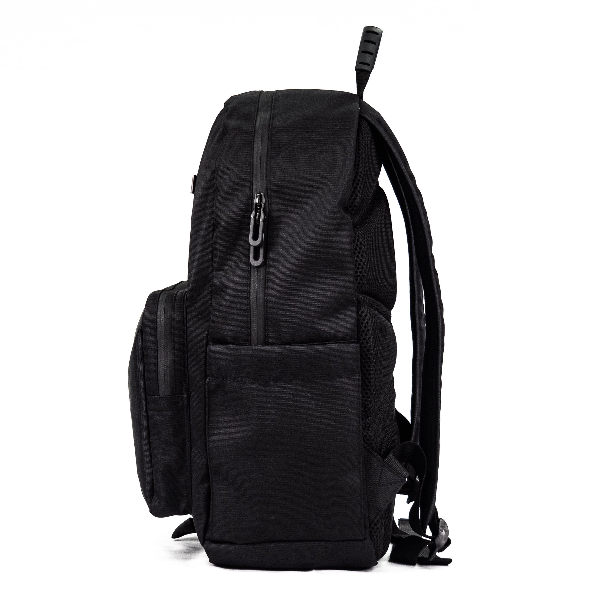 black backpack with front pocket and water bottle pocket
