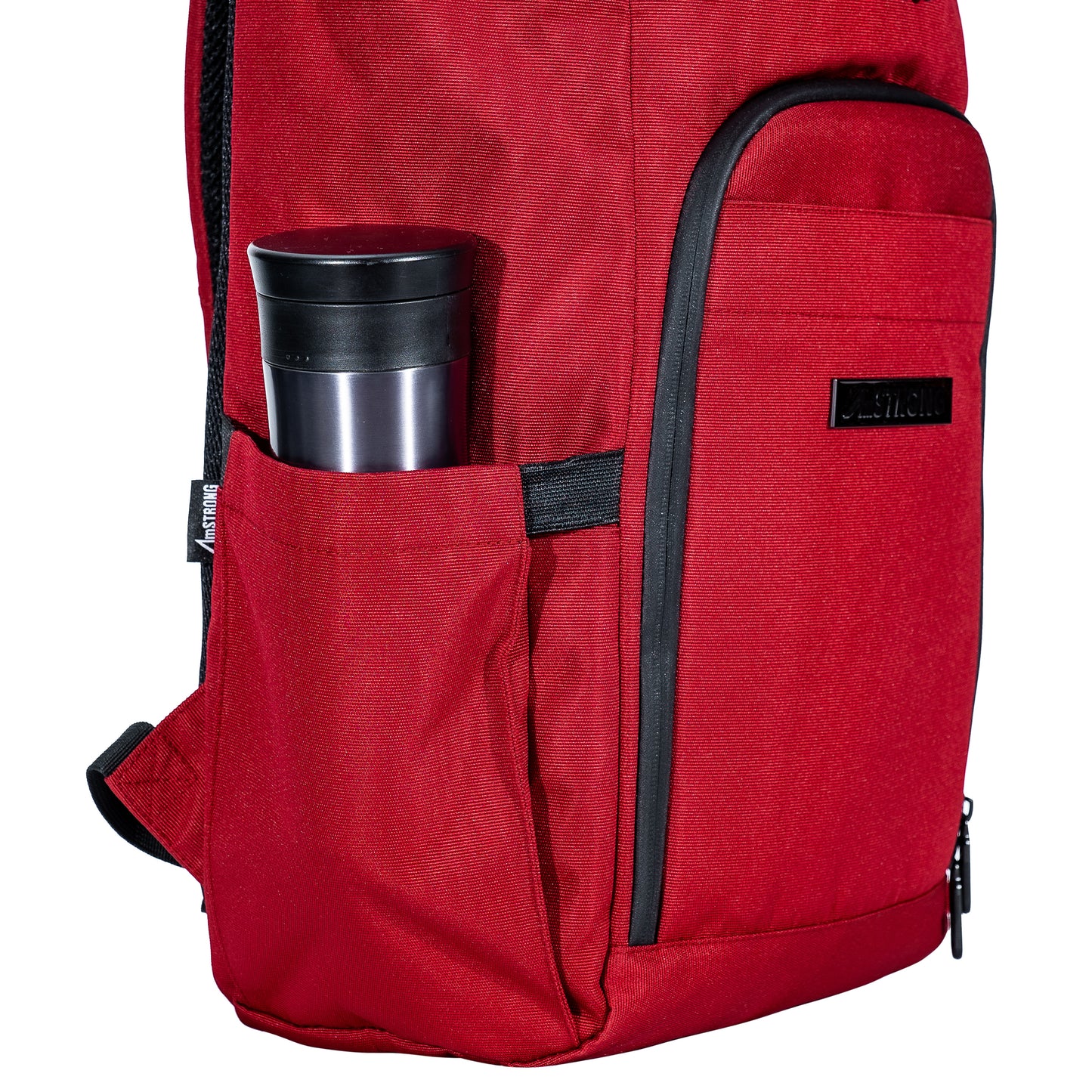red backpack with water bottle pockets