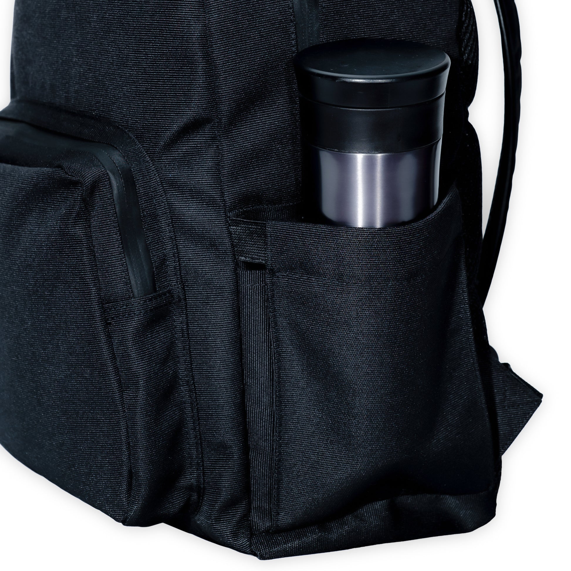 black backpack with a water bottle pocket