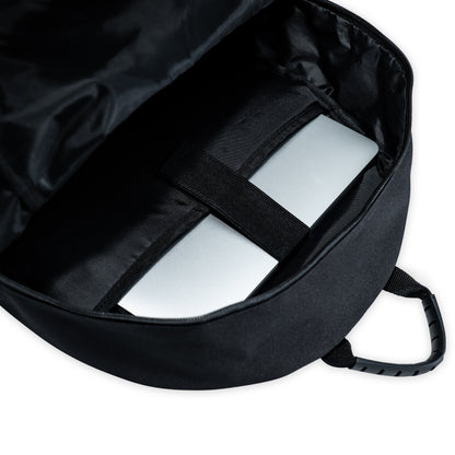 black backpack with a 15" laptop sleeve
