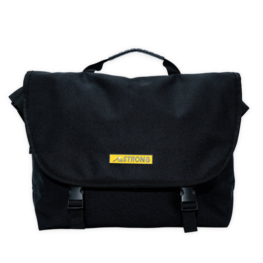 AmSTRONG black crossbody bag with a yellow metallic label