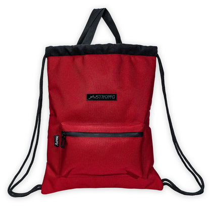 red drawstring bag with a front pocket and top handles