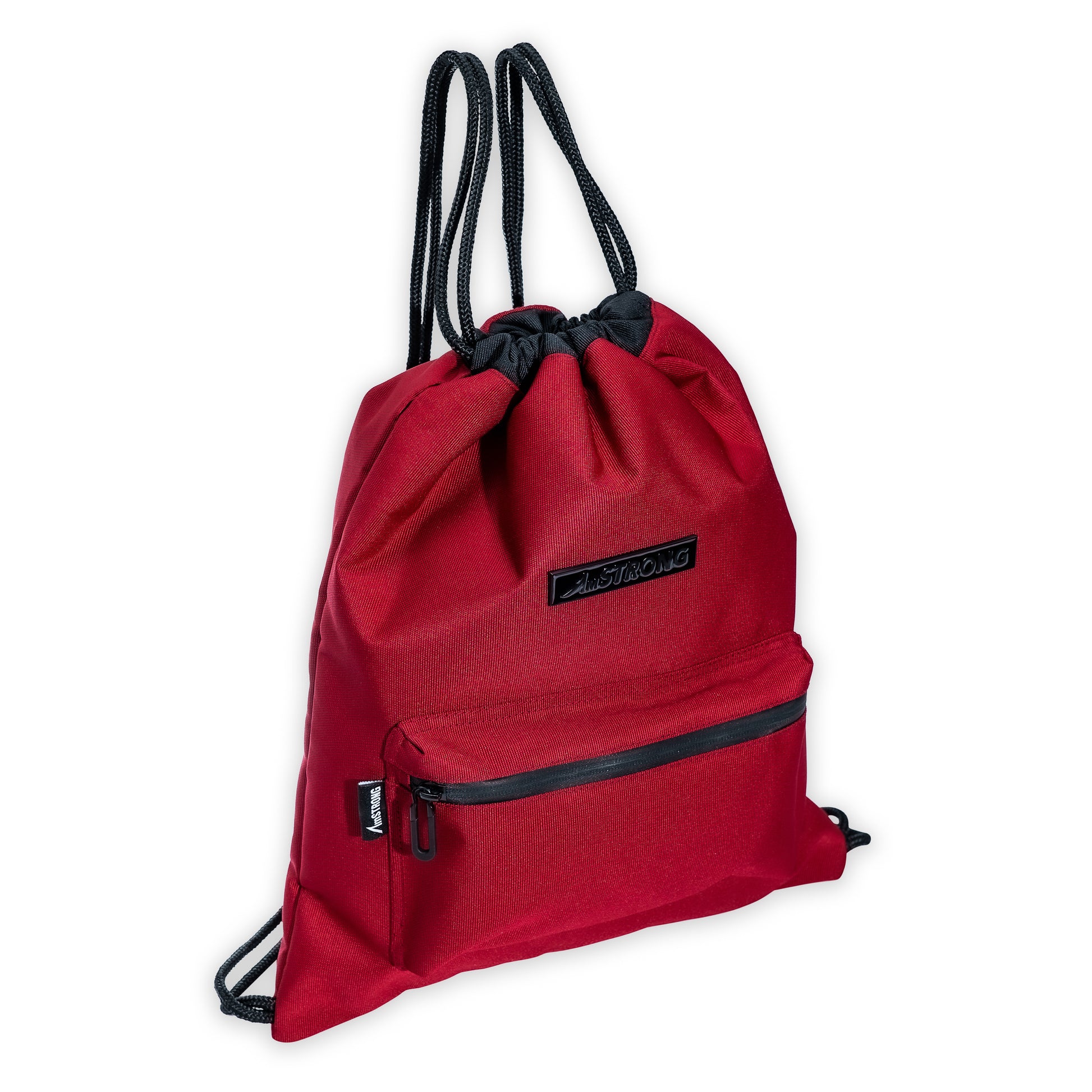 red drawstring bag with black trims