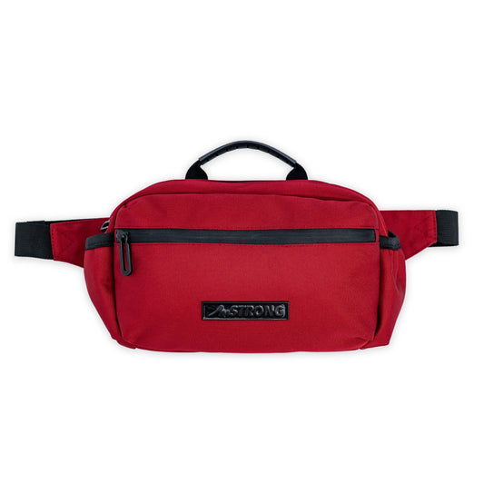 AmSTRONG red belt bag with black trims and a metallic label