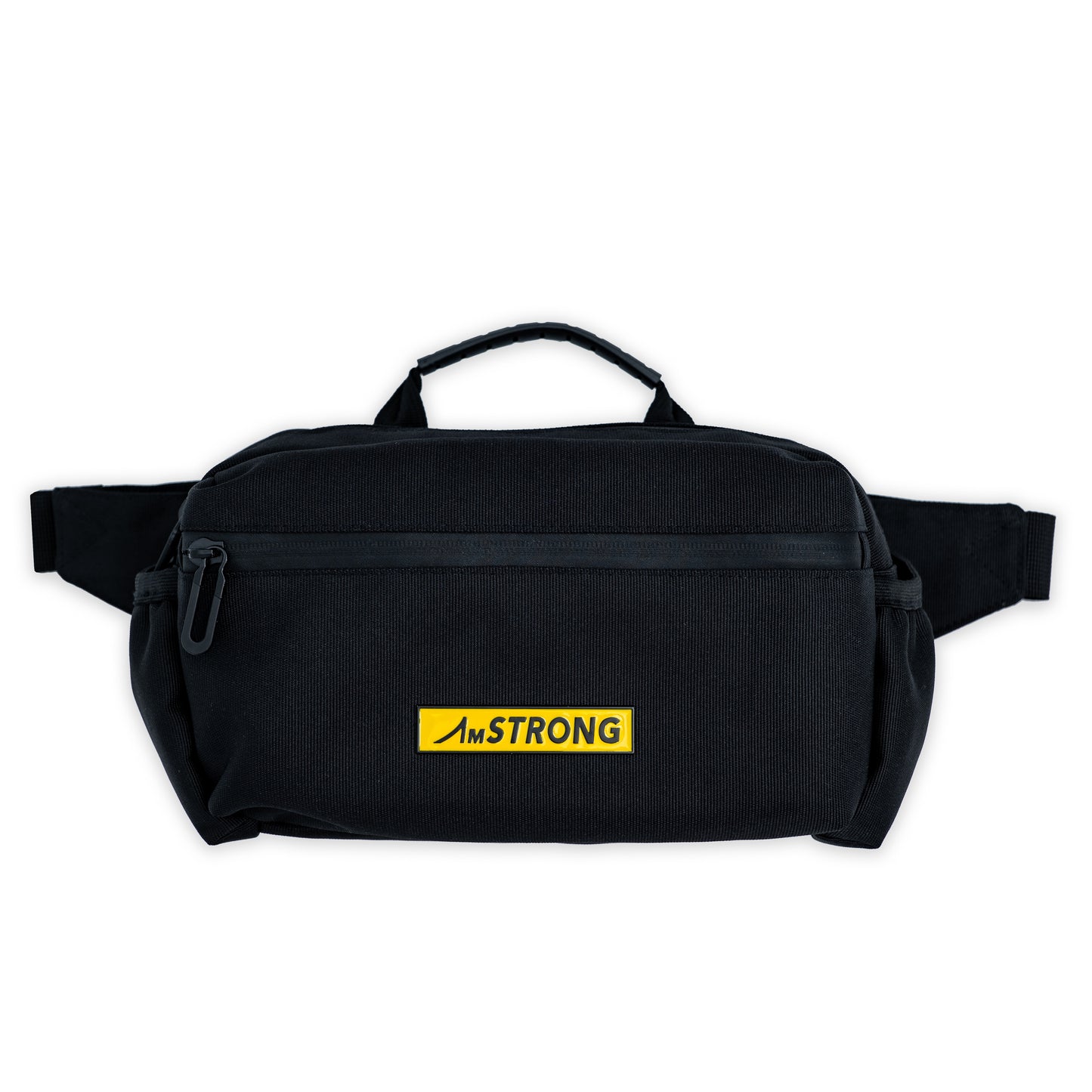AmSTRONG black belt bag with top handle and yellow metallic label