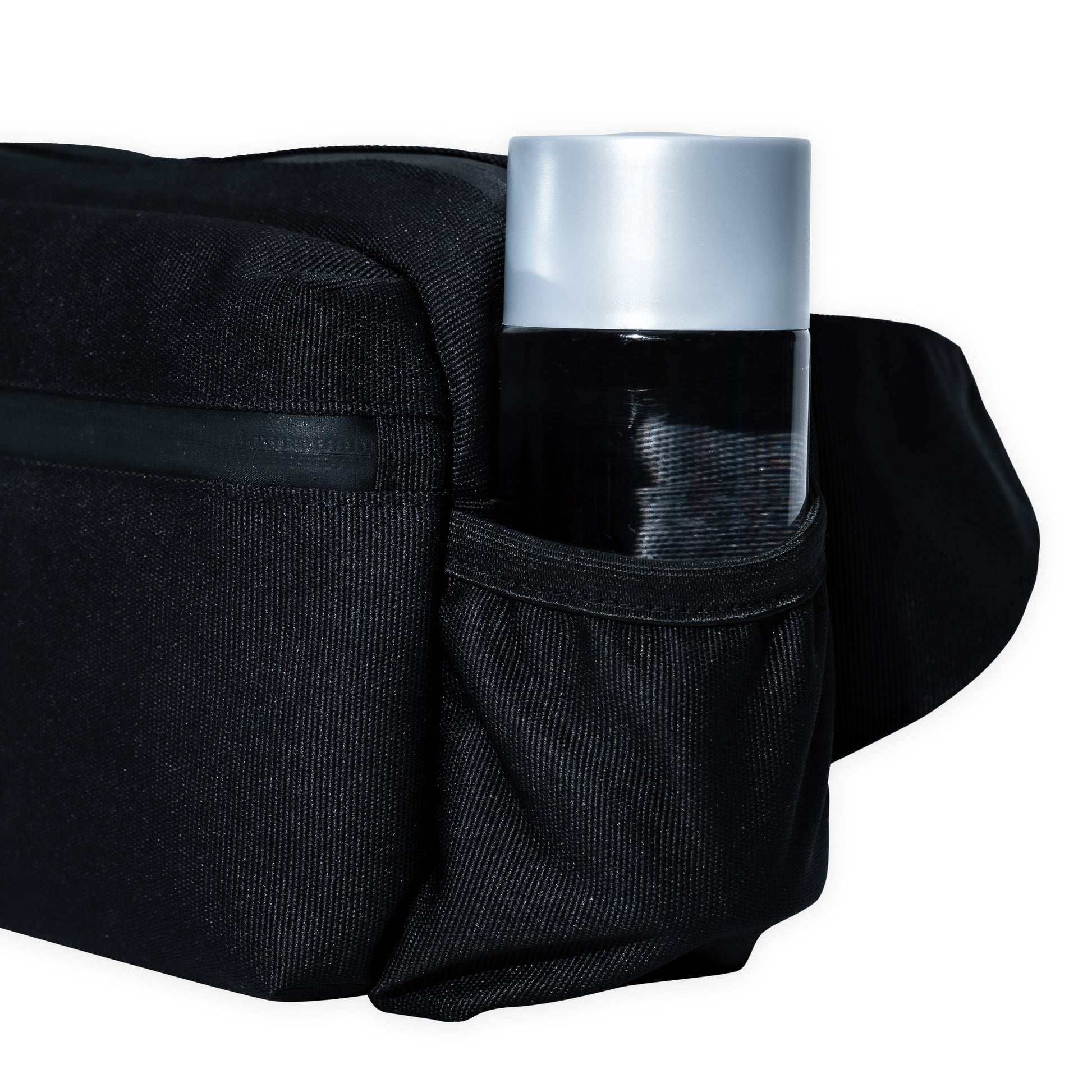 black belt bag with water bottle pockets