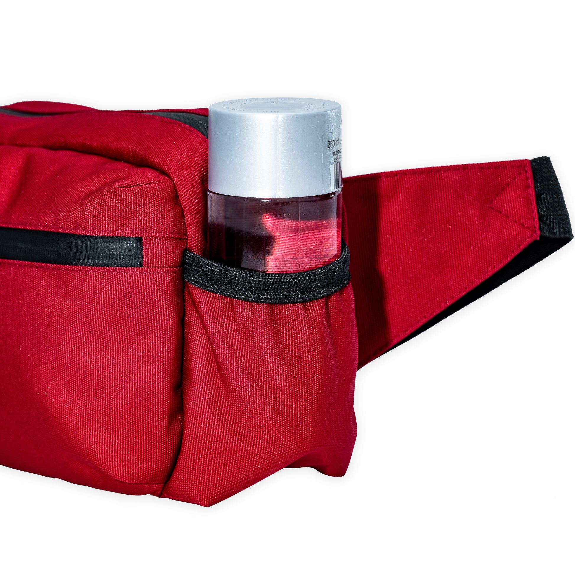 red belt bag with side water bottle pockets