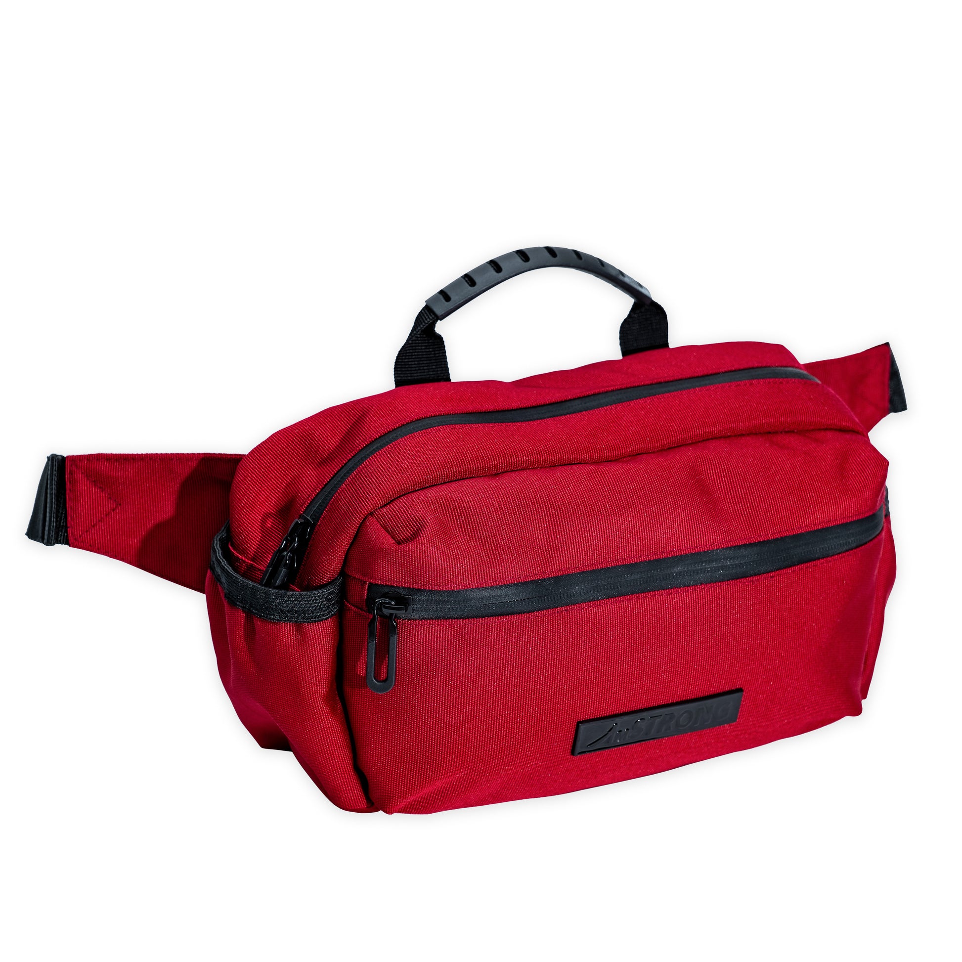 AmSTRONG red belt bag with black trims and a metallic label